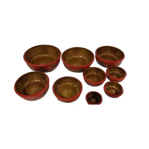 Vintage Burmese Lacquer & Woven Bamboo Monk Rice Bowls, Set of 9, 1930s - Picture 2 of 10